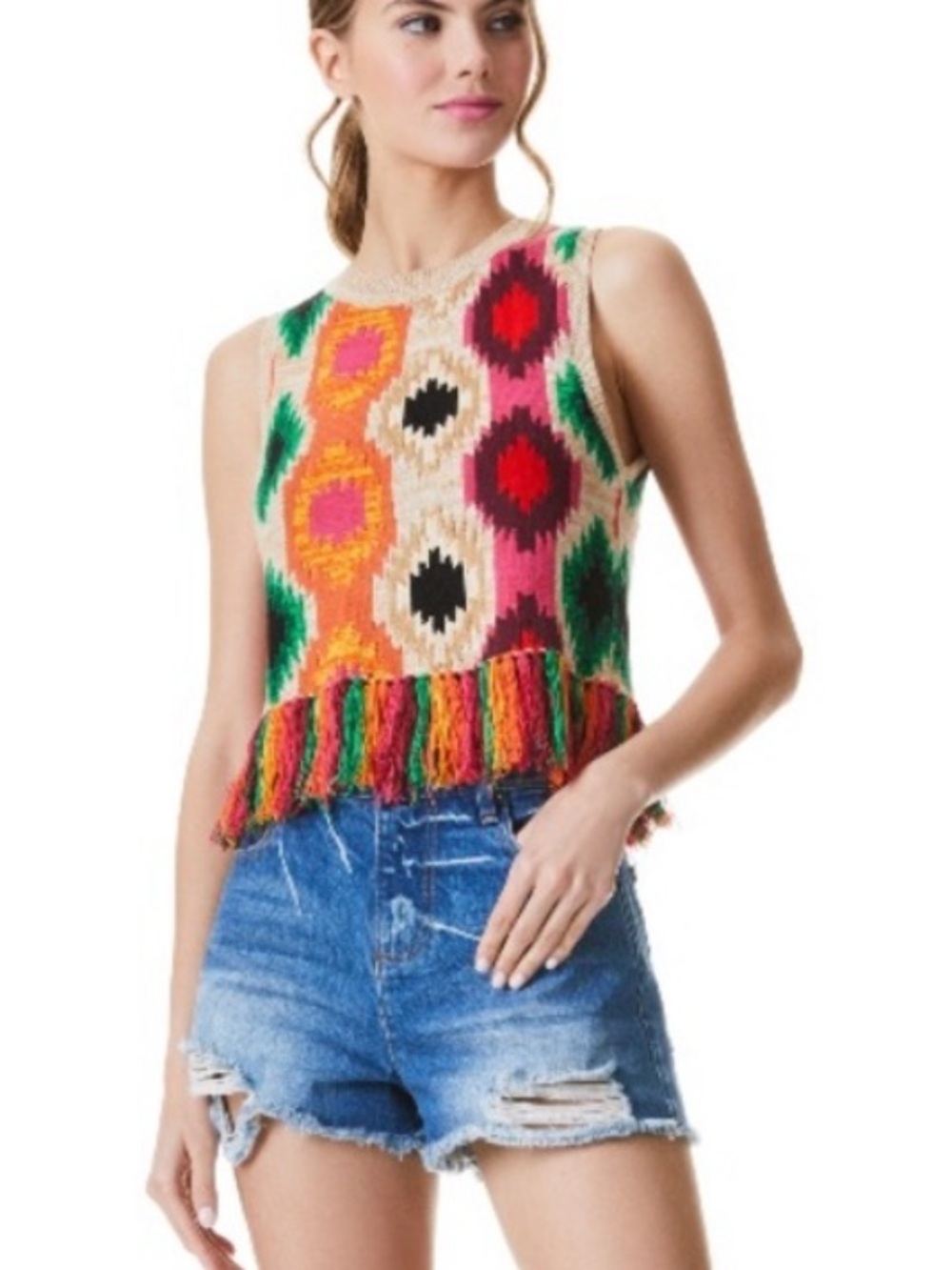 Alice + Olivia Geometric Cropped Sweater Vest with Fringe Size L NWOT